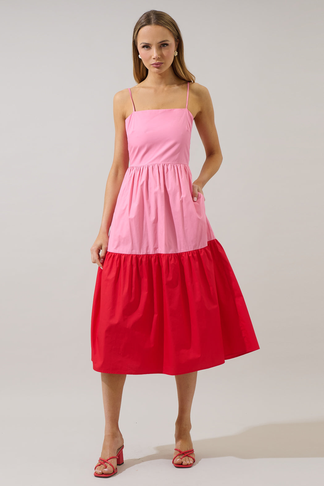 Rebekah Color Block Midi Dress PINK-RED / XS by Sugarlips Rebekah Color Block Midi Dress PINK-RED / XS by Sugarlips