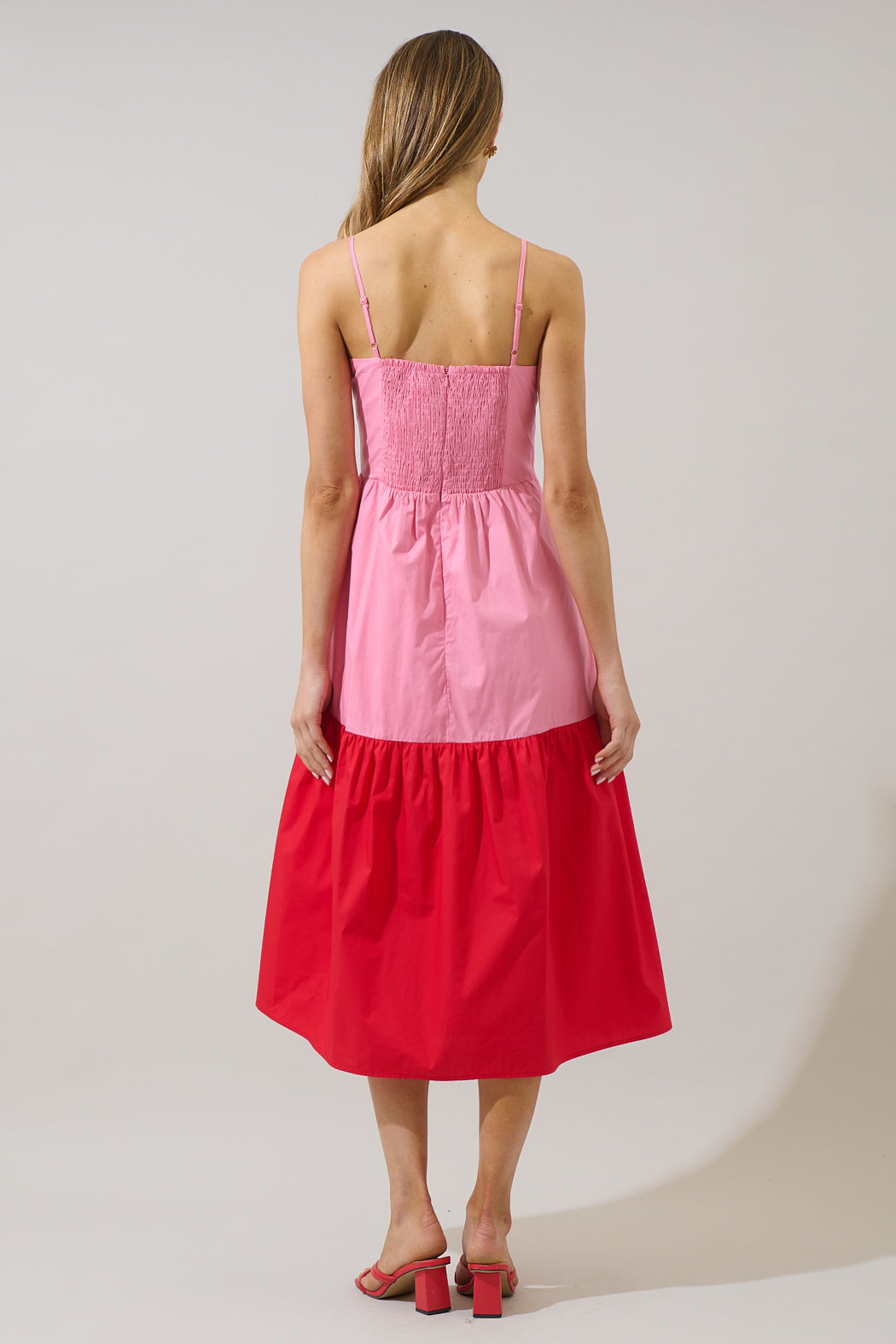 Rebekah Color Block Midi Dress PINK-RED / XS