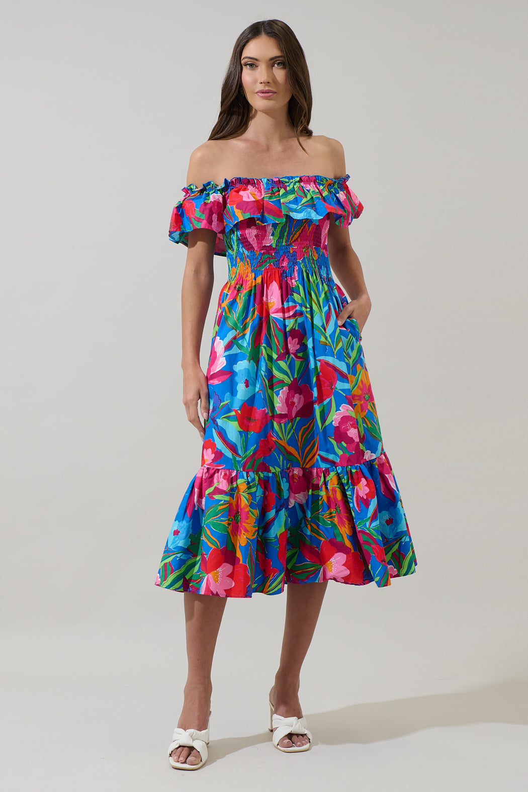 Naima Floral Off the Shoulder Smocked Midi Dress – Sugarlips