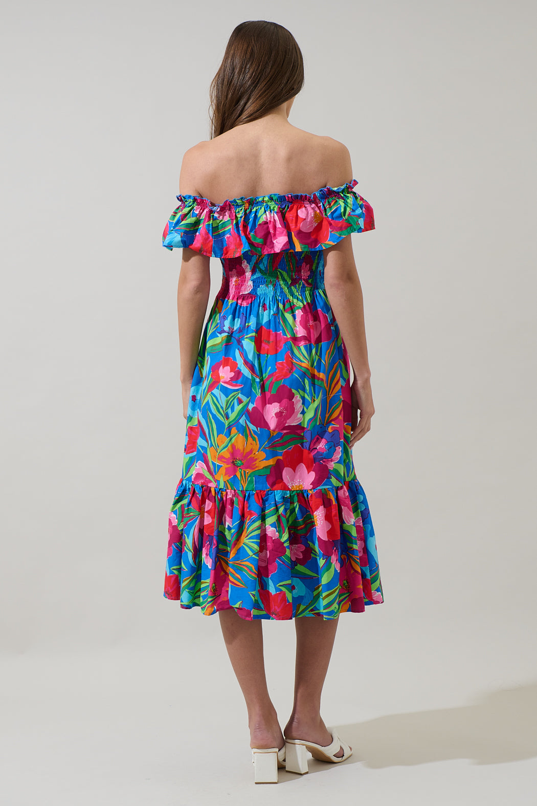 Naima Floral Off the Shoulder Smocked Midi Dress COBALT-PINK-MUL / XS
