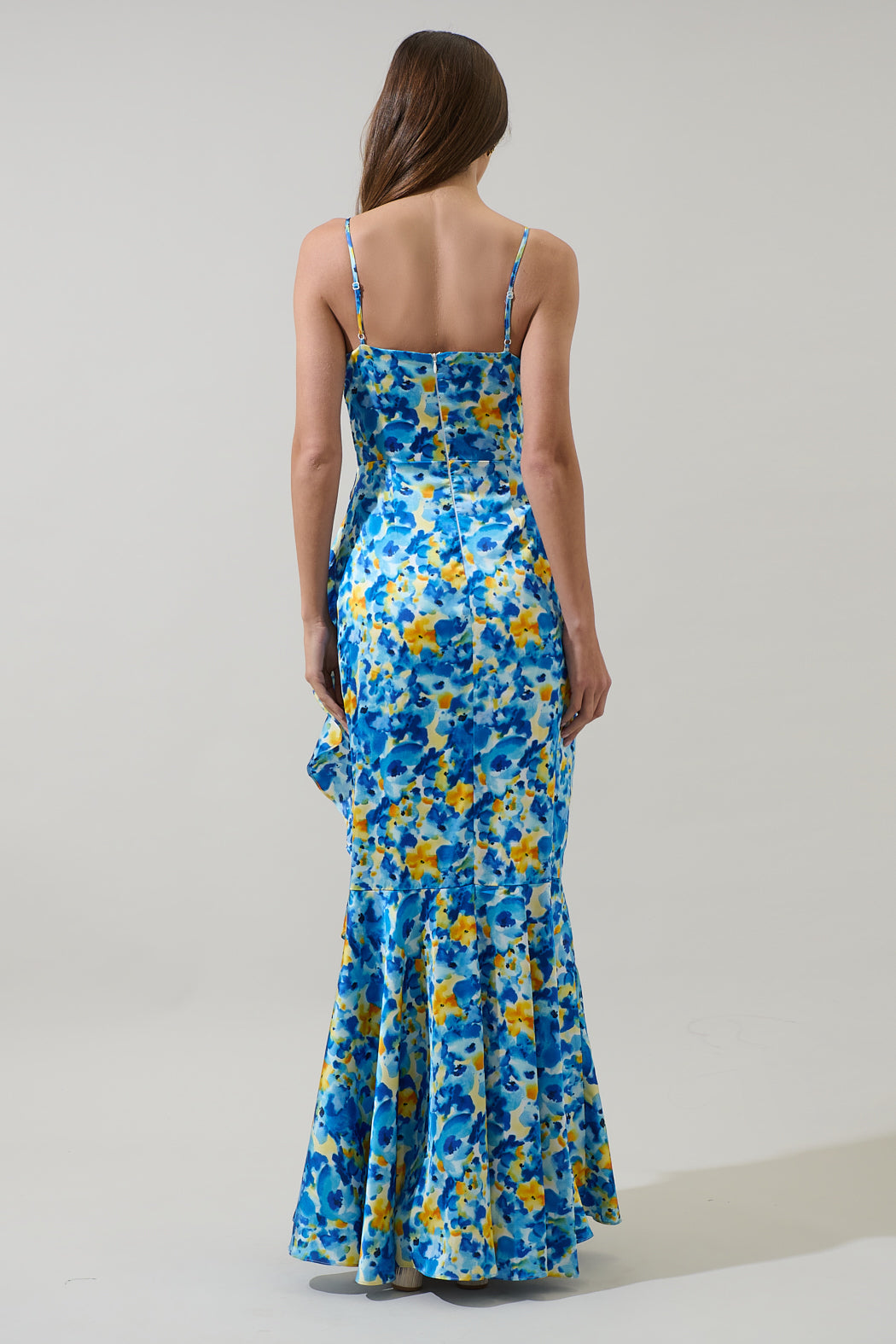 Zia Floral Satin Doris Ruffle Maxi Dress BLUE-MULTI / XL