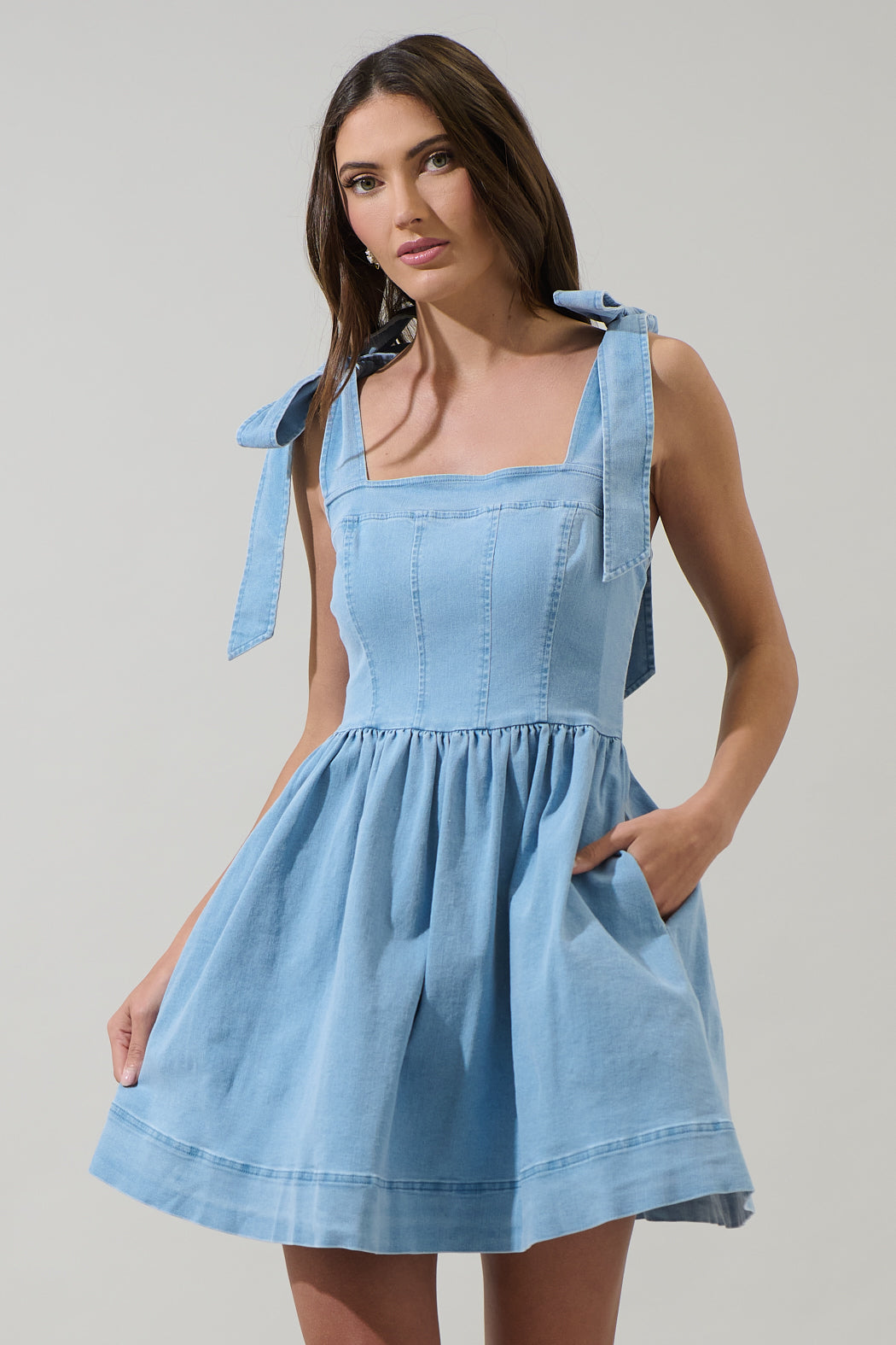 Sujey Denim Tie Strap Mini Dress LT-DENIM / M by Sugarlips Sujey Denim Tie Strap Mini Dress LT-DENIM / M by Sugarlips