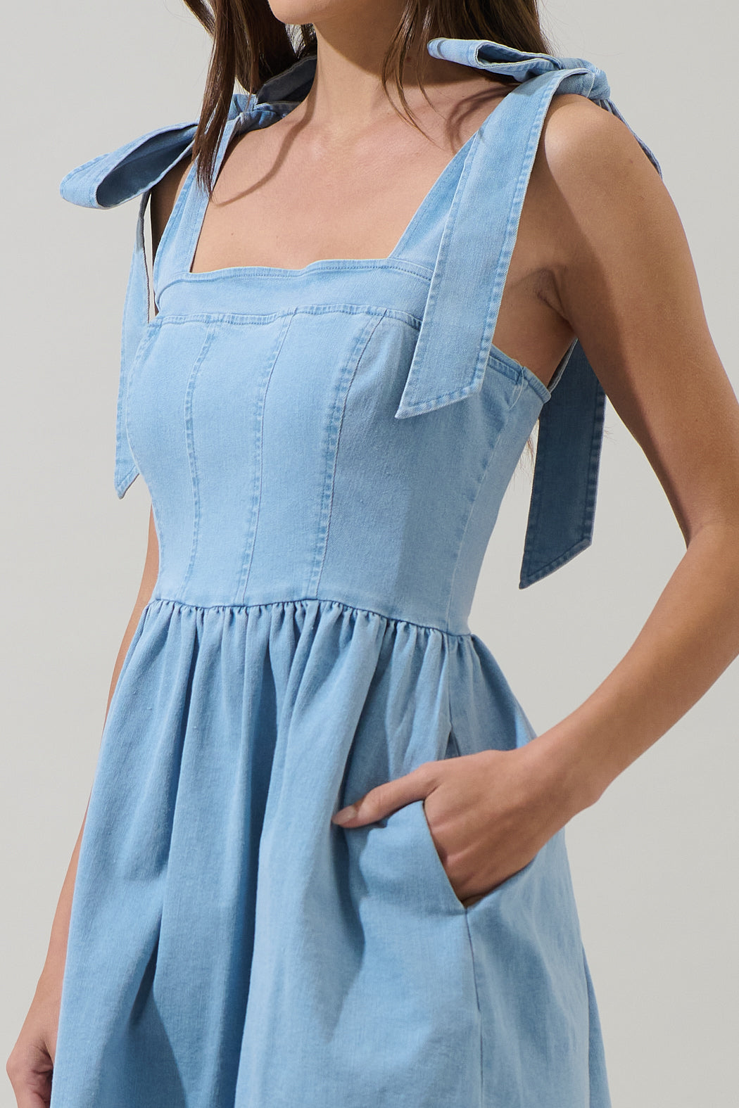 Sujey Denim Tie Strap Mini Dress LT-DENIM / M by Sugarlips Sujey Denim Tie Strap Mini Dress LT-DENIM / M by Sugarlips