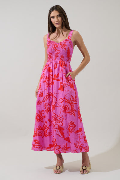 panola mini dress Weirly Floral Panola Smocked Maxi Dress PINK-RED-MULTI / S by Sugarlips