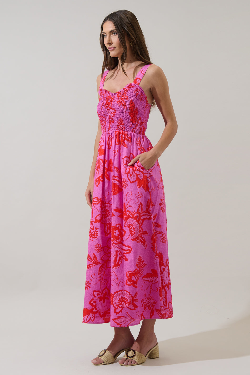 pink smocked maxi dress Cecilia 100% Cotton Smocked Maxi Dress in Pale Pink Foliage