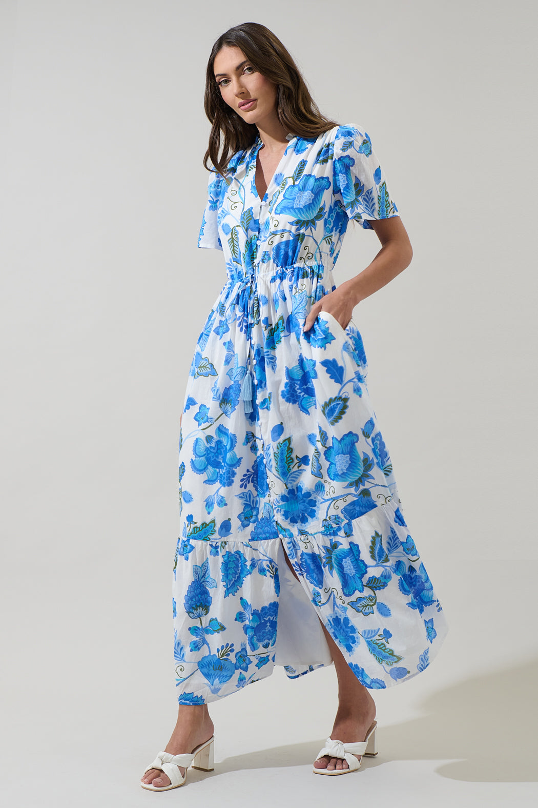 Samian Floral Kissa Button Down Maxi Dress WHITE-BLUE-GREEN / M by Sugarlips Samian Floral Kissa Button Down Maxi Dress WHITE-BLUE-GREEN / M by Sugarlips