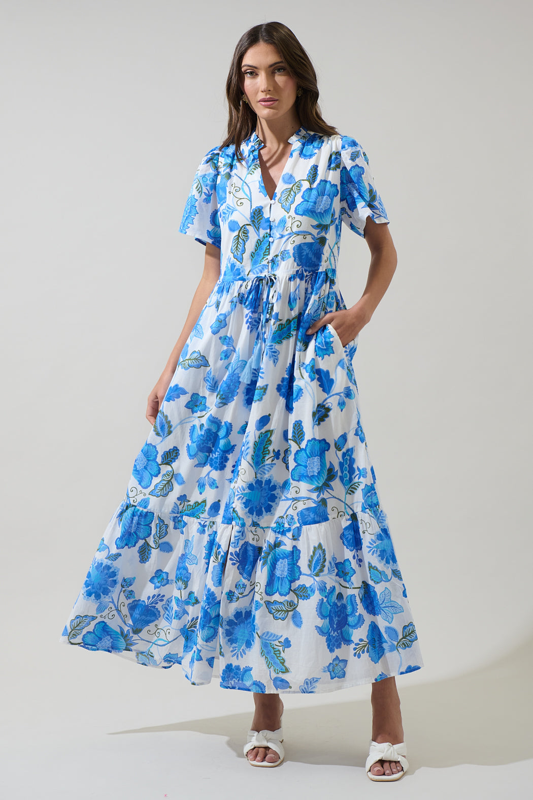 Samian Floral Kissa Button Down Maxi Dress WHITE-BLUE-GREEN / M by Sugarlips Samian Floral Kissa Button Down Maxi Dress WHITE-BLUE-GREEN / M by Sugarlips