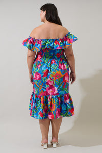 Naima Floral Off the Shoulder Smocked Midi Dress Curve