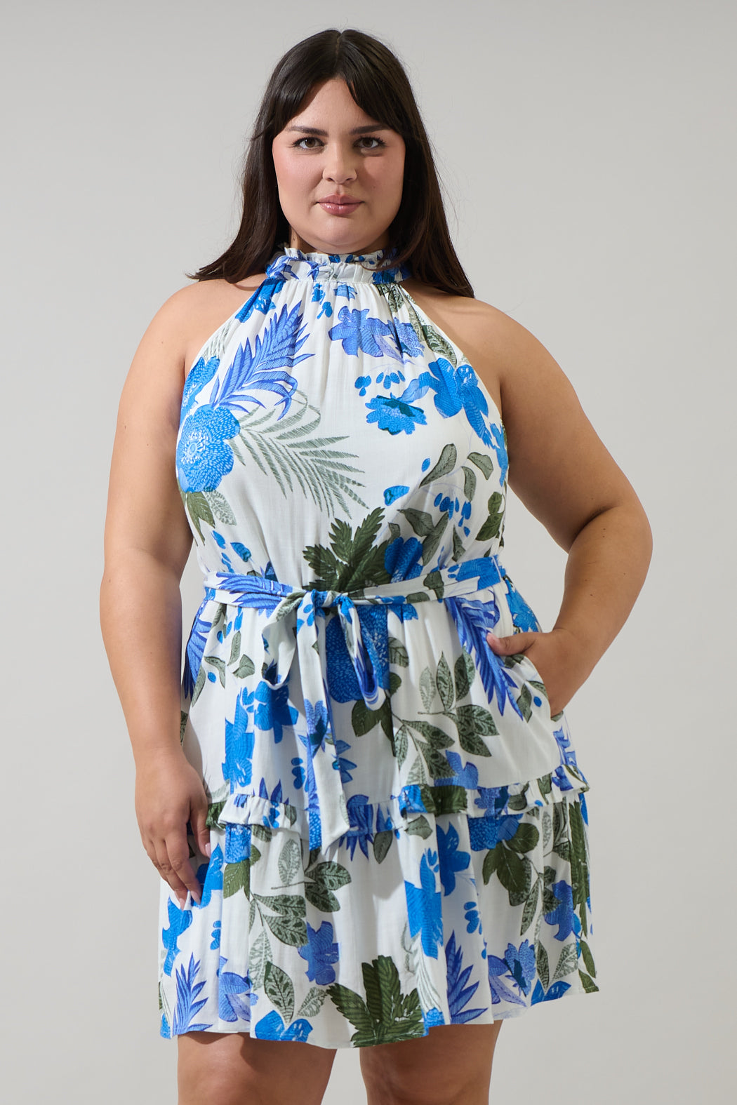 Zurie Floral Siana Halter Dress Curve WHT-BLUE-GREEN / 2X by Sugarlips Zurie Floral Siana Halter Dress Curve WHT-BLUE-GREEN / 2X by Sugarlips