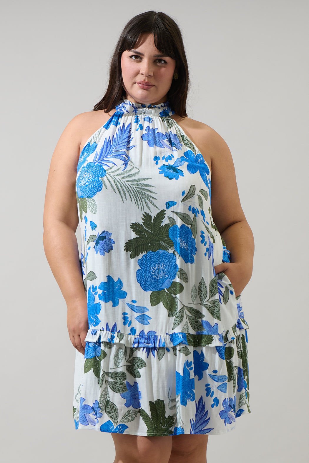 Zurie Floral Siana Halter Dress Curve WHT-BLUE-GREEN / 2X by Sugarlips Zurie Floral Siana Halter Dress Curve WHT-BLUE-GREEN / 2X by Sugarlips