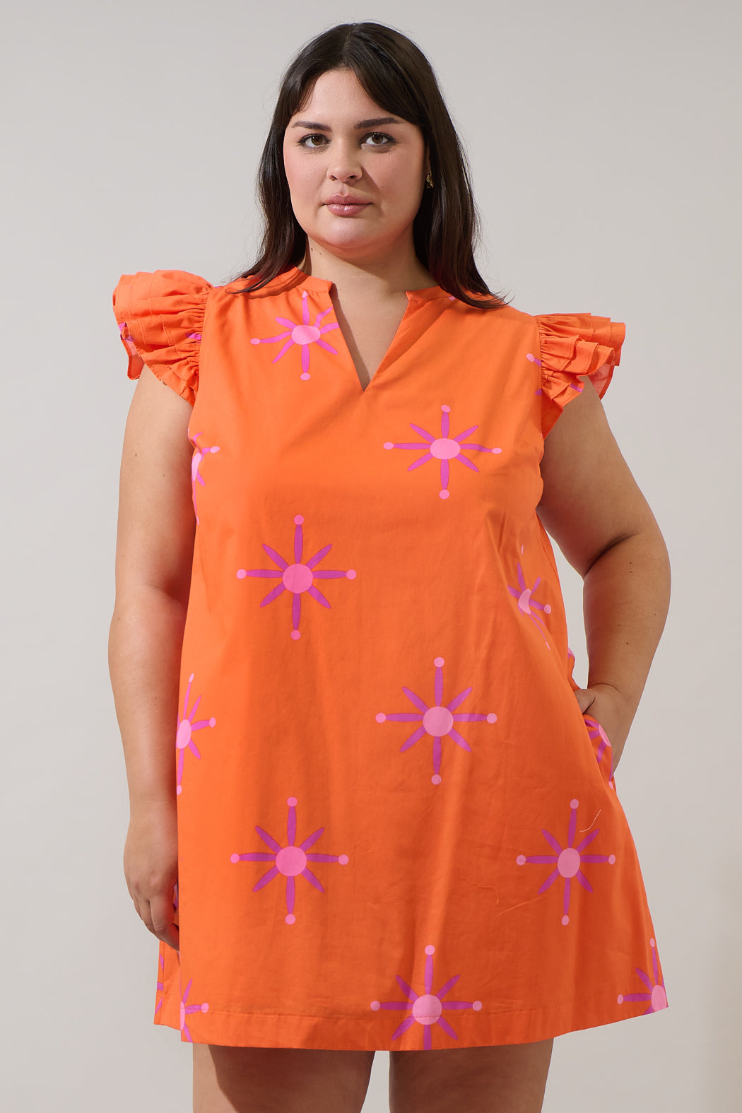 Karani Starburst Evalyn Ruffle Mini Dress Curve ORG-FUCHSIA / 1X by Sugarlips Karani Starburst Evalyn Ruffle Mini Dress Curve ORG-FUCHSIA / 1X by Sugarlips