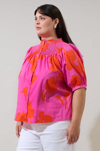 Aurea Floral Blossom Smocked Mock Neck Top Curve