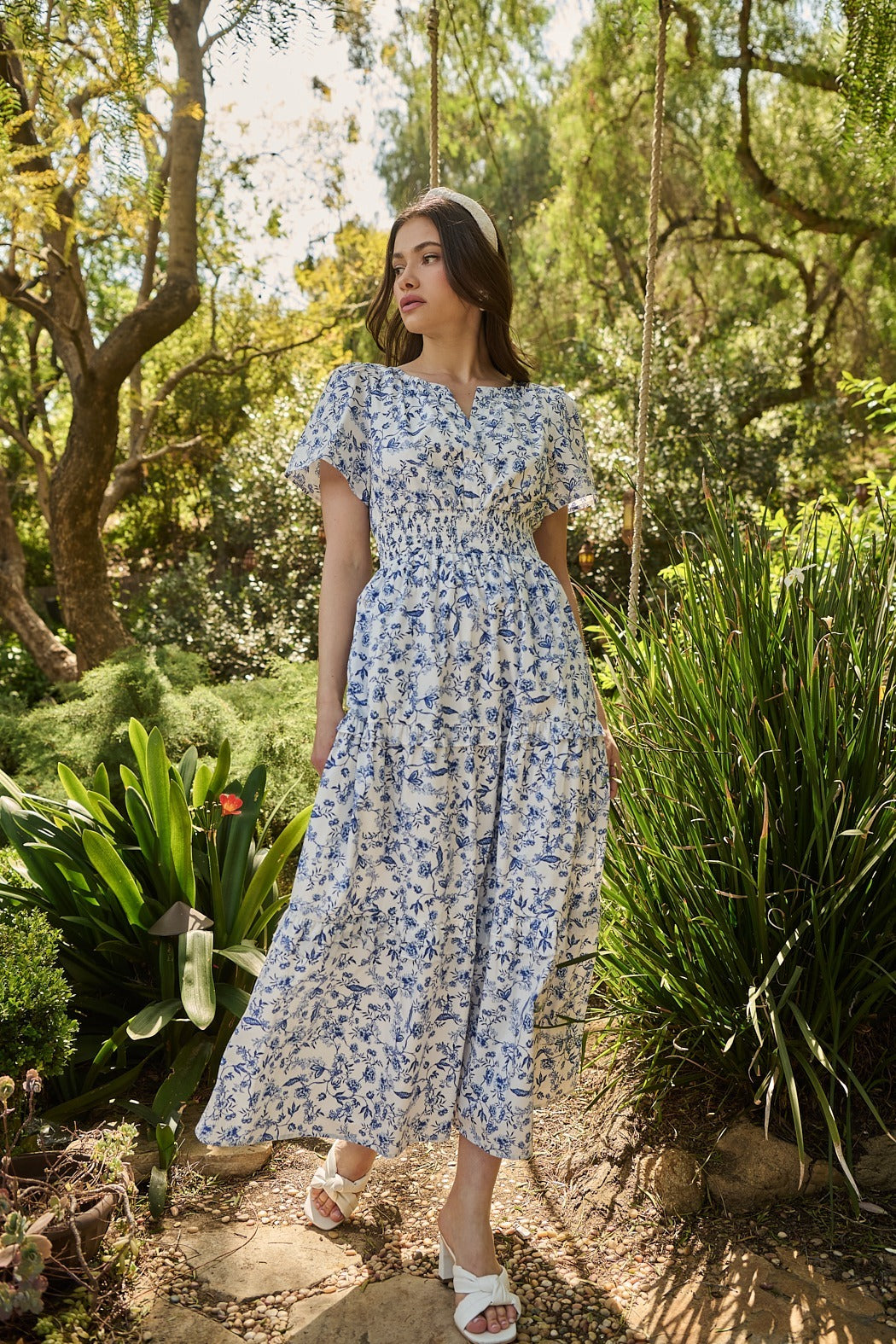 Kearny Floral Palmer Poplin Tiered Maxi Dress WHT-BLUES-MULT / M by Sugarlips Kearny Floral Palmer Poplin Tiered Maxi Dress WHT-BLUES-MULT / M by Sugarlips