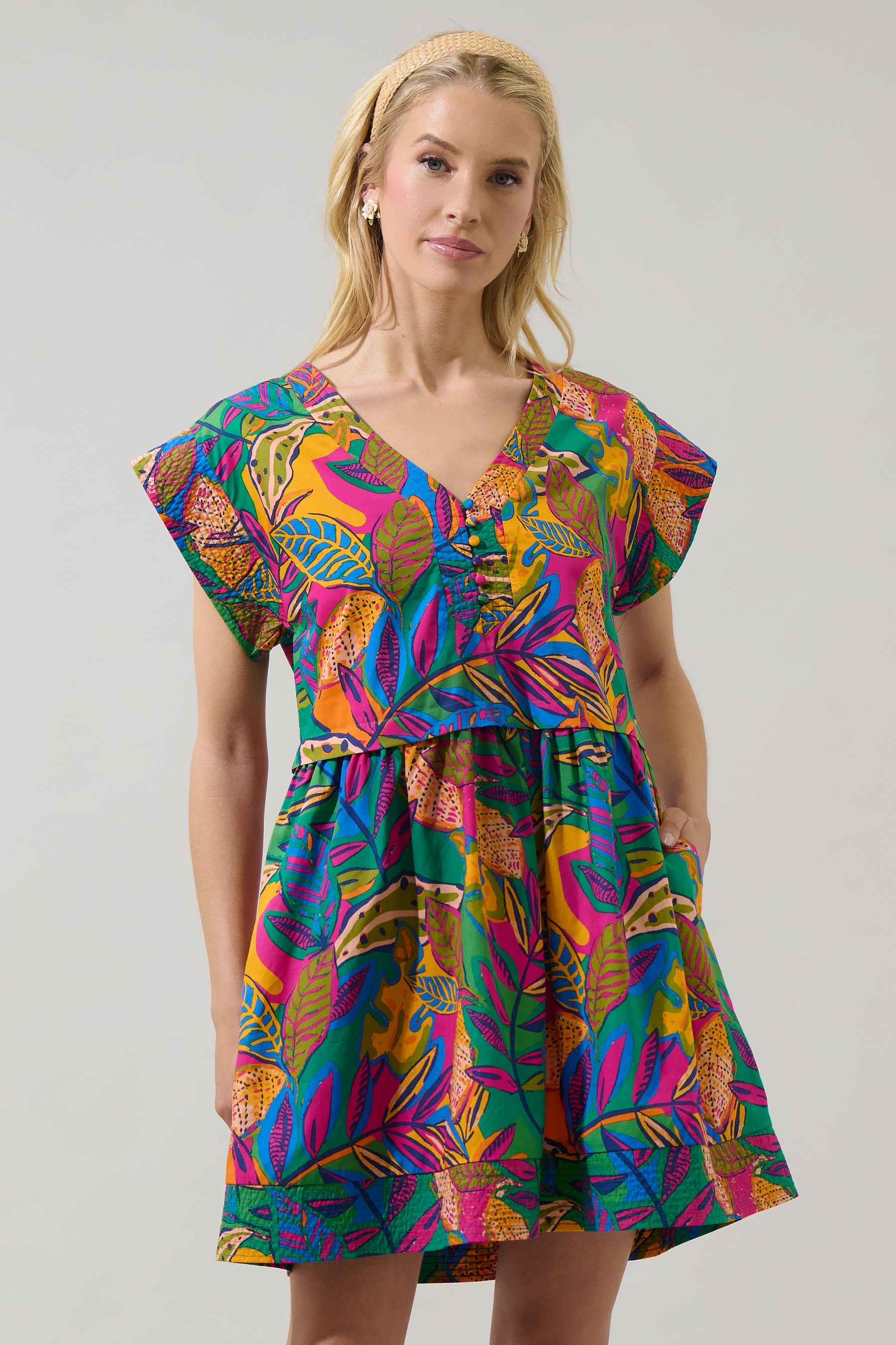 Zamira Tropics Jolene Trapeze Mini Dress FUCHSIA-GRN-MUL / S by Sugarlips Zamira Tropics Jolene Trapeze Mini Dress FUCHSIA-GRN-MUL / S by Sugarlips
