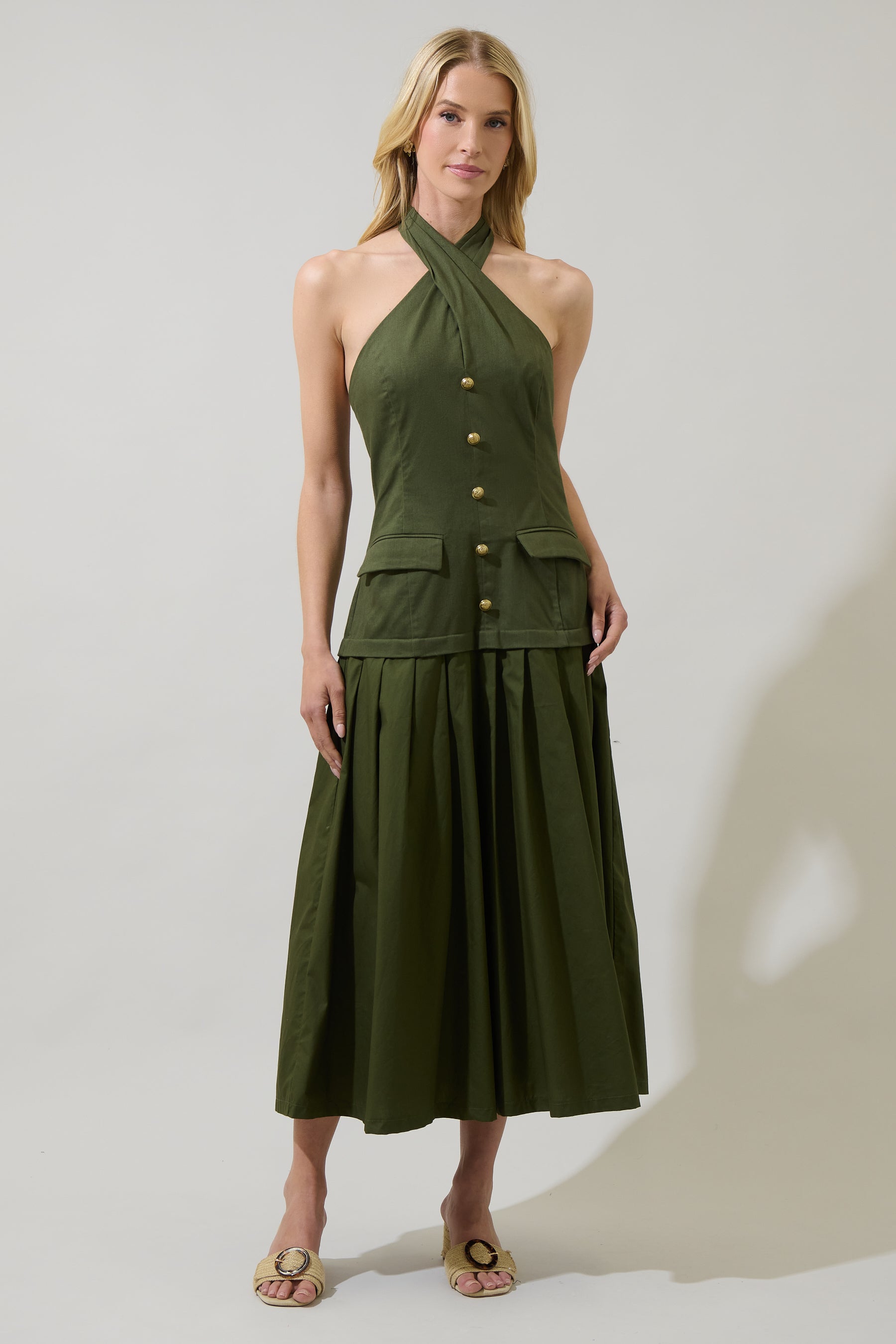pleated halter midi dress Carine Pleated Halter Midi Dress OLIVE / L by Sugarlips