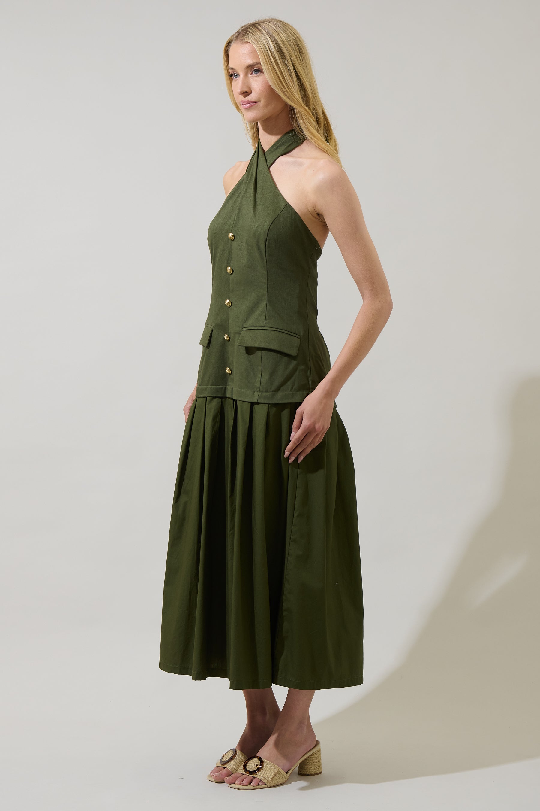 Carine Pleated Halter Midi Dress OLIVE / L by Sugarlips Carine Pleated Halter Midi Dress OLIVE / L by Sugarlips