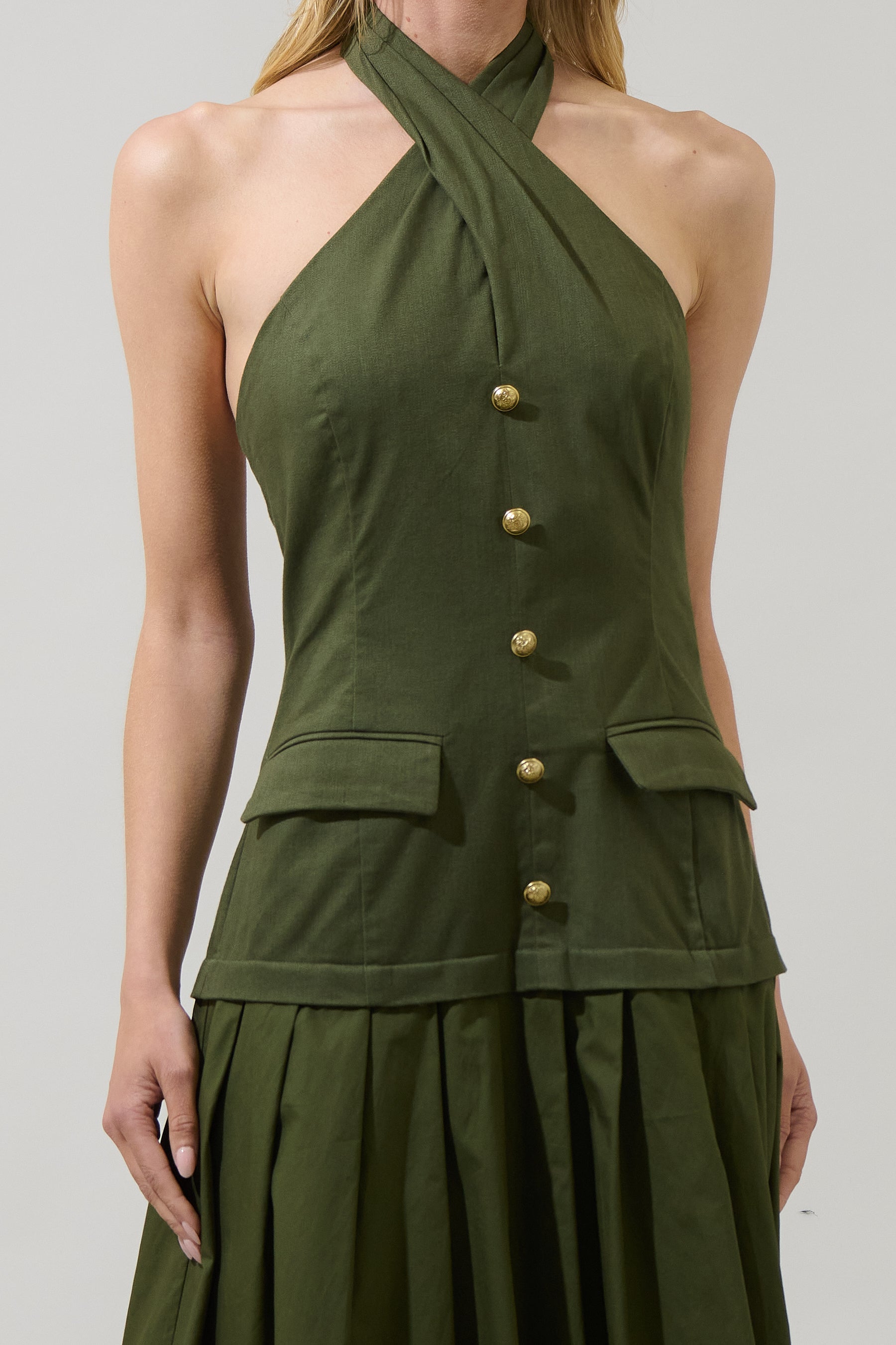 Carine Pleated Halter Midi Dress OLIVE / L by Sugarlips Carine Pleated Halter Midi Dress OLIVE / L by Sugarlips