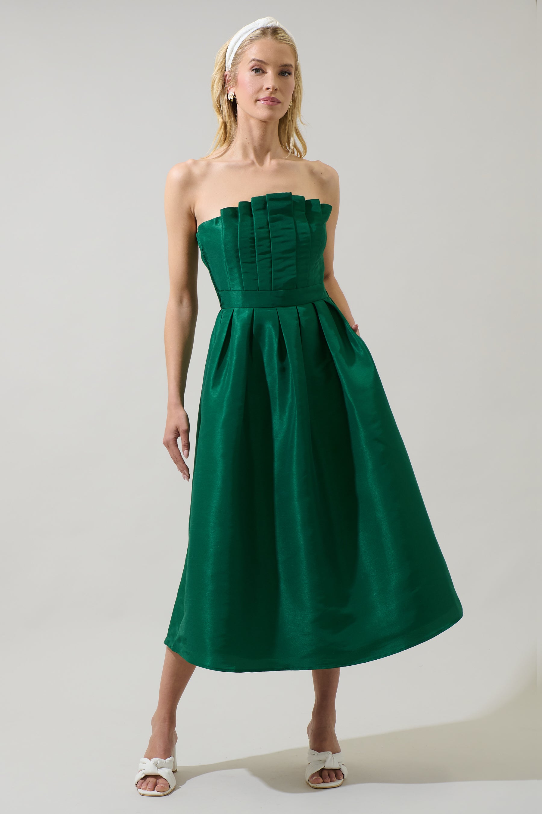 green emerald velvet dress It Was All A Dream Emerald Green Brocade Strapless Midi Dress – Shop the Mint