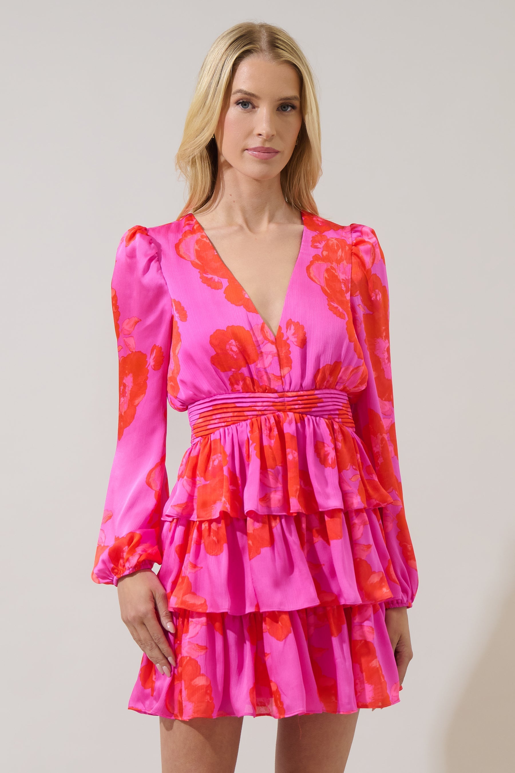 Alivia Floral Mya Tiered Mini Dress Magenta-red / Xs by Sugarlips Alivia Floral Mya Tiered Mini Dress Magenta-red / Xs by Sugarlips