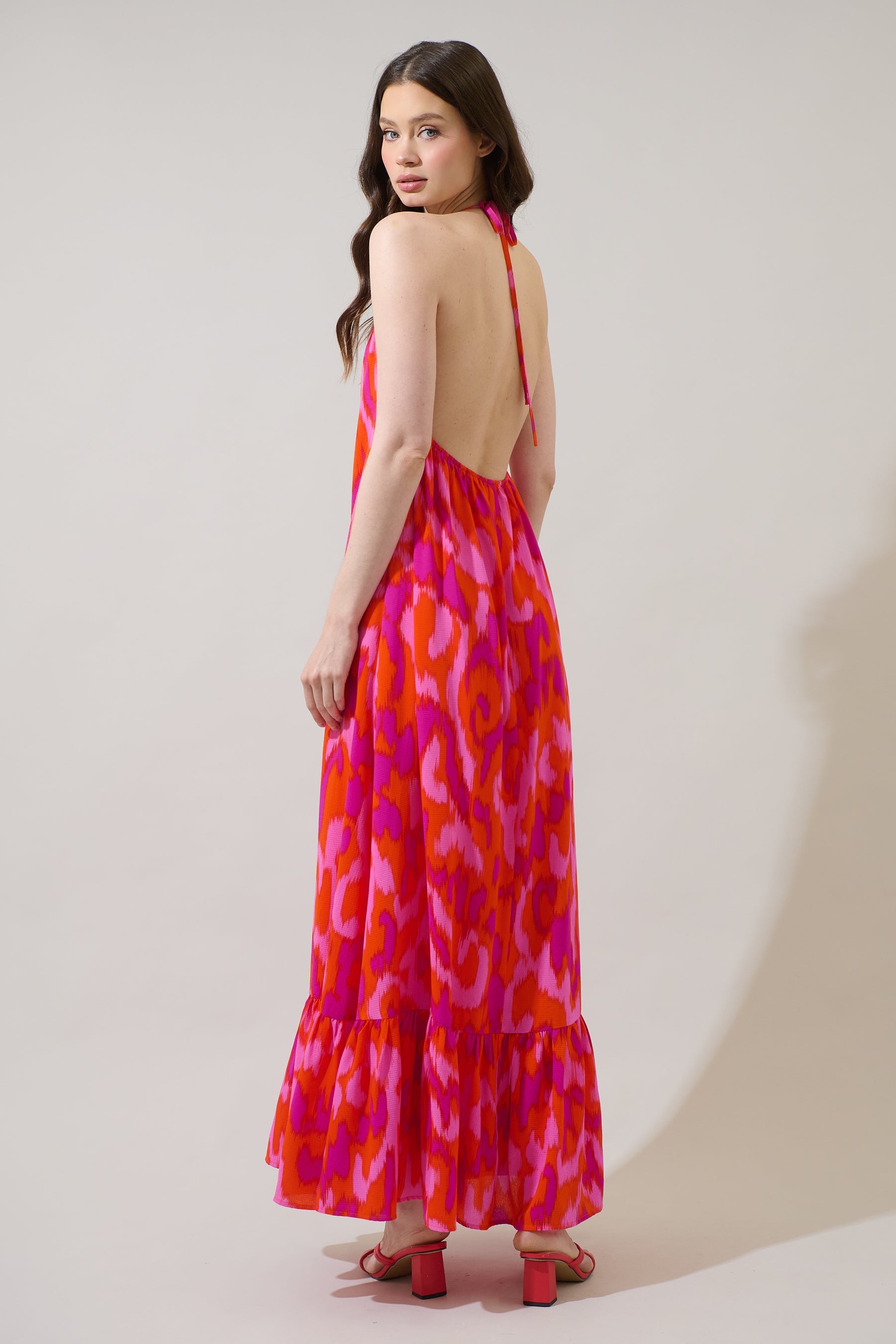 Charly Abstract Solita Halter Maxi Dress ORG-FUCHSIA / XL by Sugarlips