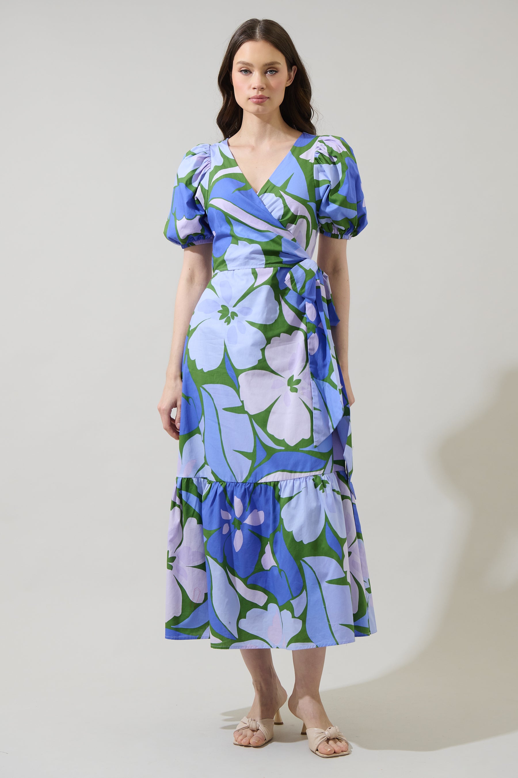 Dayana Floral Poplin Wrap Midi Dress Green-Blue / M by Sugarlips Dayana Floral Poplin Wrap Midi Dress Green-Blue / M by Sugarlips