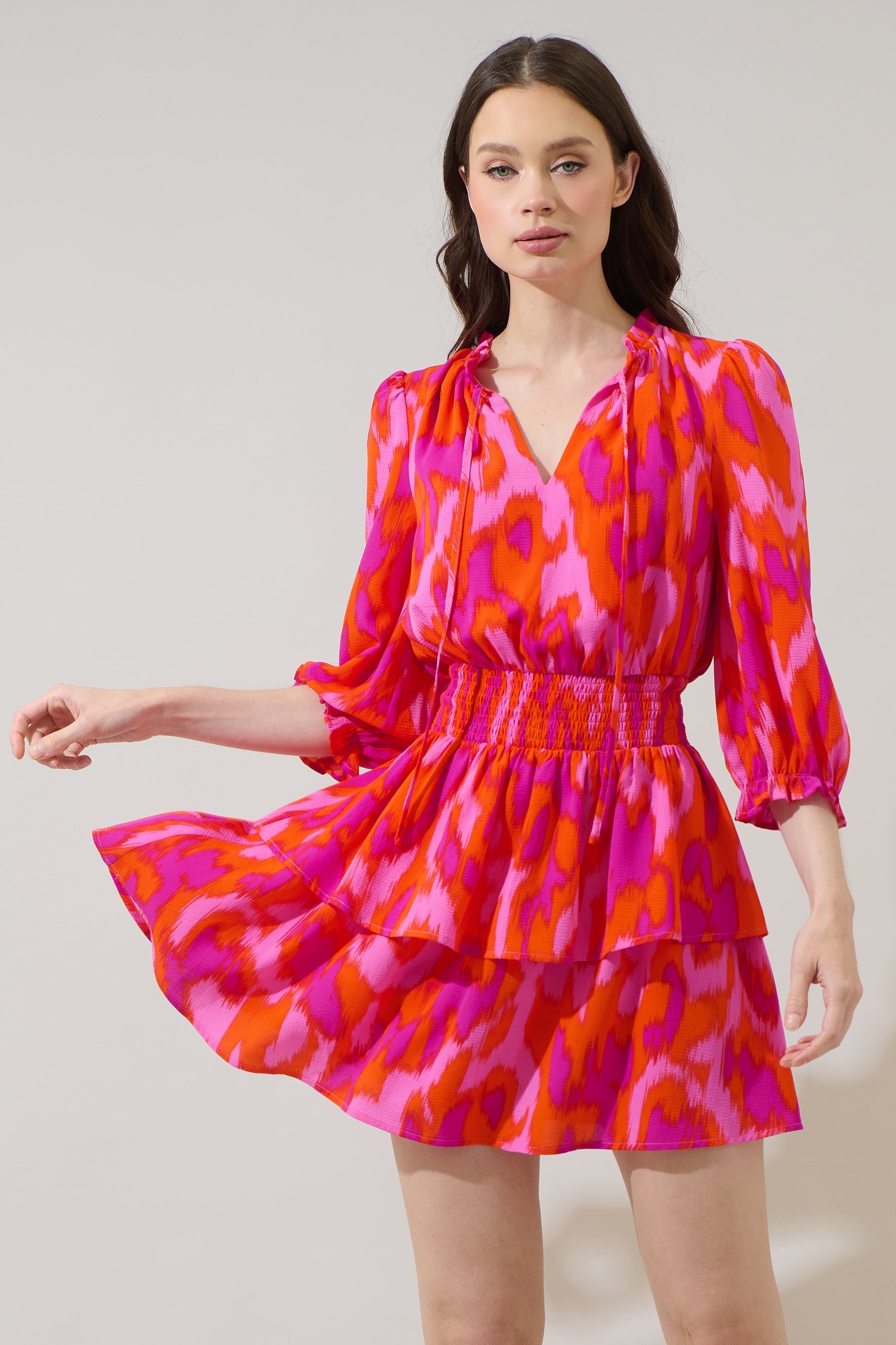 Charly Abstract Starla Smocked Tiered Mini Dress ORG-FUCHSIA / S by Sugarlips Charly Abstract Starla Smocked Tiered Mini Dress ORG-FUCHSIA / S by Sugarlips