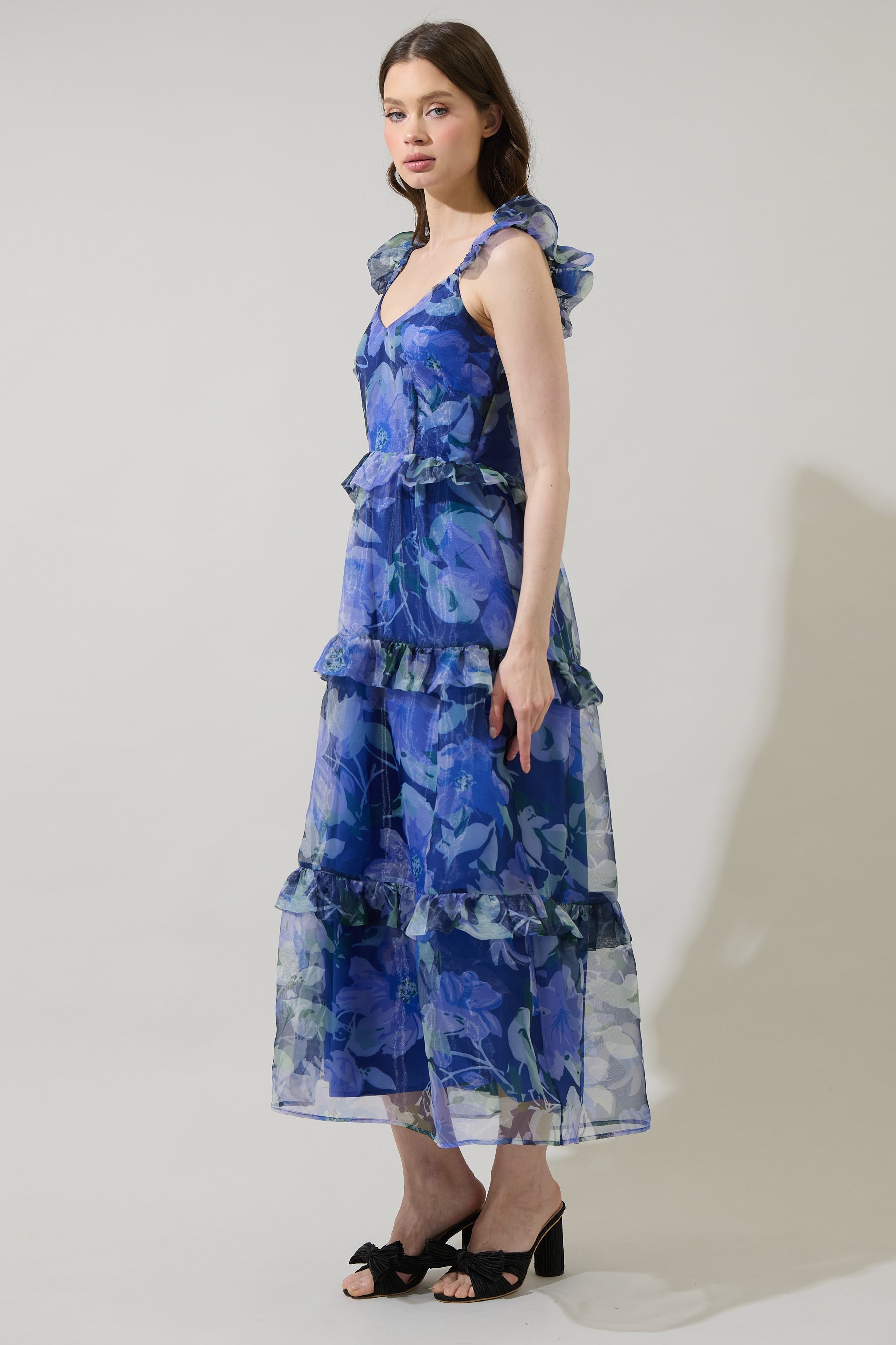 organza tiered maxi dress Exclusive Glamour Pink Floral Organza Tiered Maxi Dress