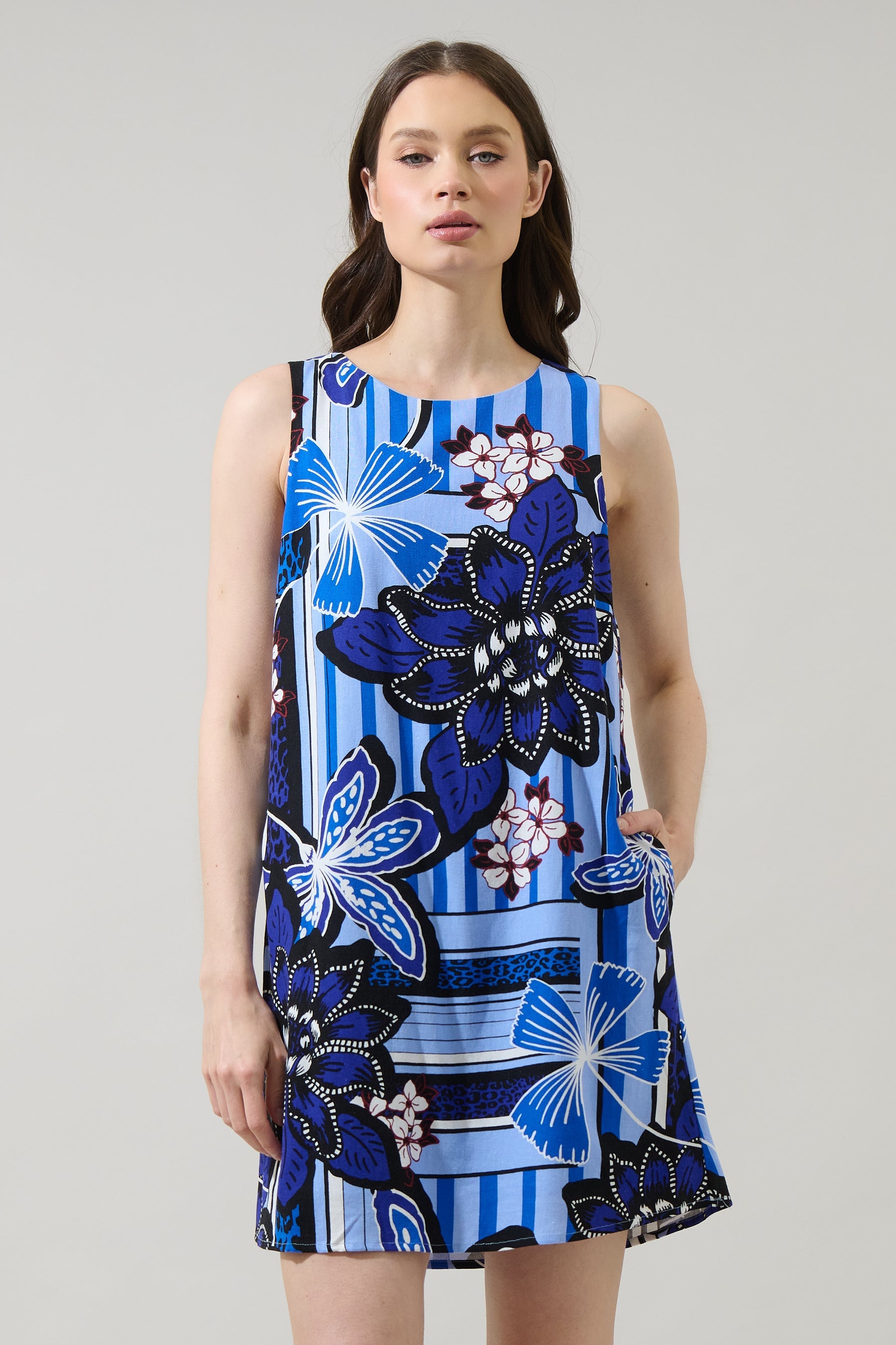 Jabi Floral Ivy Shift Mini Dress BROWN-BLUES / L by Sugarlips Jabi Floral Ivy Shift Mini Dress BROWN-BLUES / L by Sugarlips
