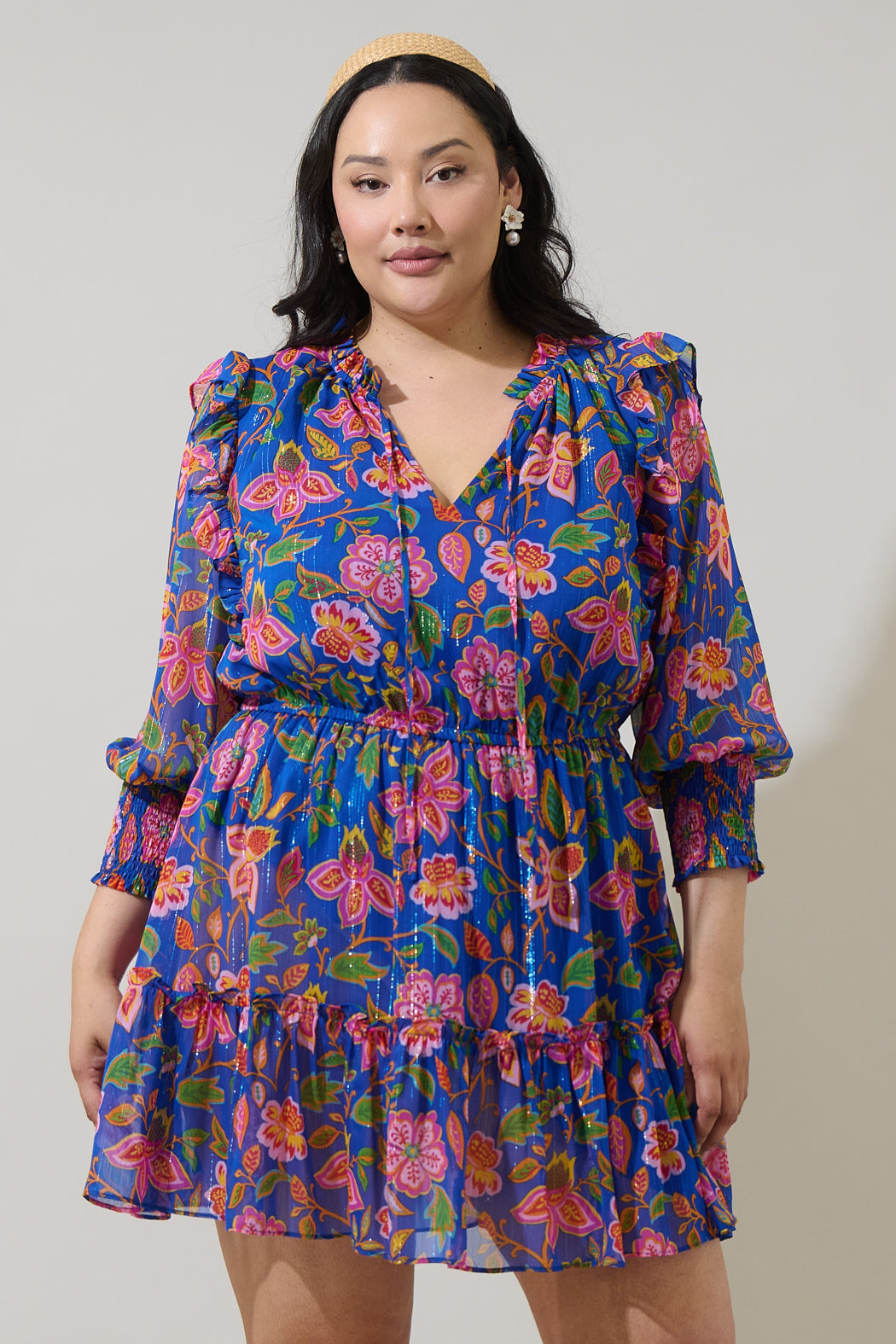 Wendey Floral Idra Ruffle Chiffon Dress Curve BLUE-MULT / 1X by Sugarlips Wendey Floral Idra Ruffle Chiffon Dress Curve BLUE-MULT / 1X by Sugarlips
