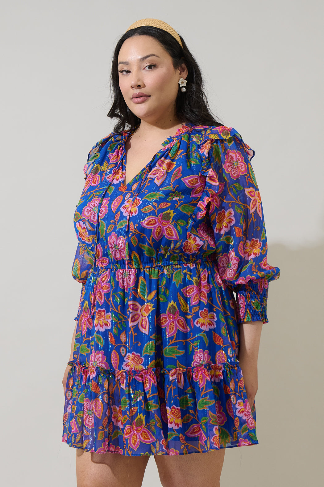 Wendey Floral Idra Ruffle Chiffon Dress Curve BLUE-MULT / 3X by Sugarlips Wendey Floral Idra Ruffle Chiffon Dress Curve BLUE-MULT / 3X by Sugarlips