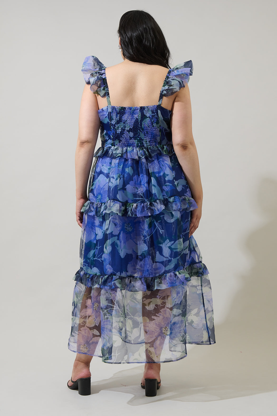 Mylie Floral Ruffle Tiered Organza Maxi Dress in Blue Mylie Floral Ruffle Tiered Organza Maxi Dress in Blue