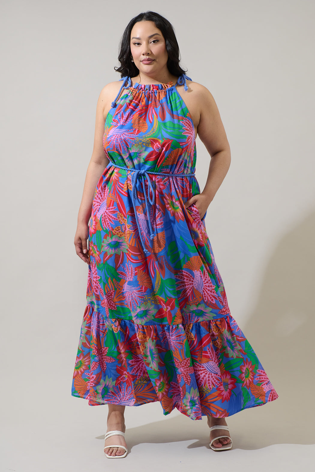Cindal Floral Kay Halter Neck Maxi Dress Curve BLUE-PINK-MULTI / 1X by Sugarlips Cindal Floral Kay Halter Neck Maxi Dress Curve BLUE-PINK-MULTI / 1X by Sugarlips