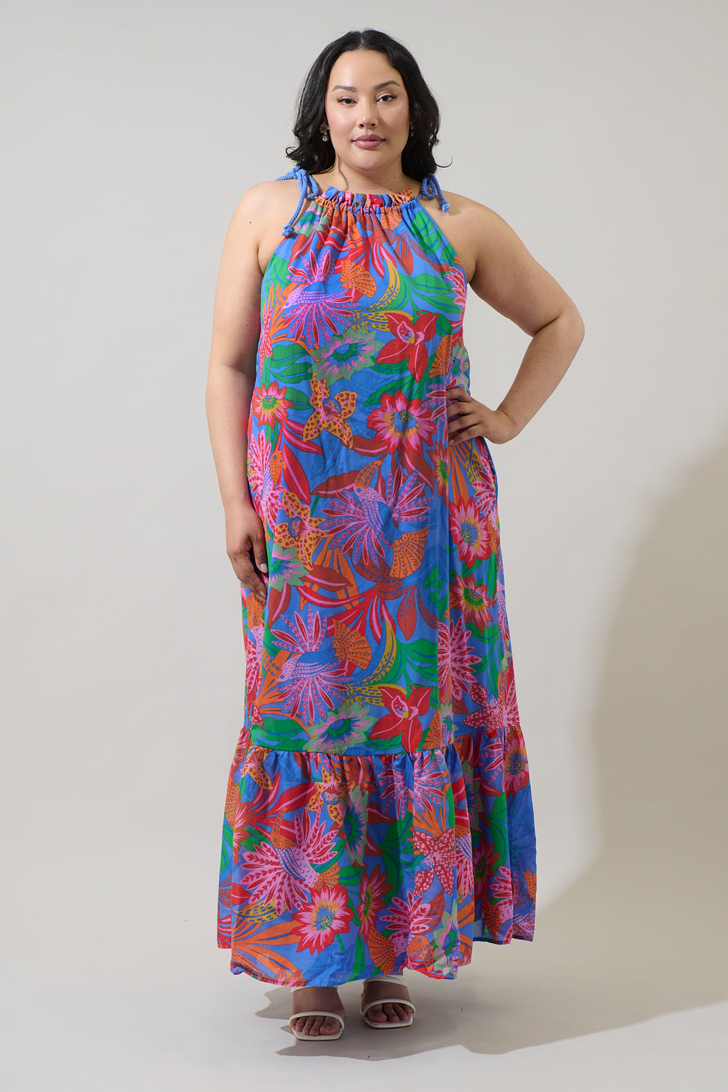 Cindal Floral Kay Halter Neck Maxi Dress Curve BLUE-PINK-MULTI / 1X by Sugarlips Cindal Floral Kay Halter Neck Maxi Dress Curve BLUE-PINK-MULTI / 1X by Sugarlips