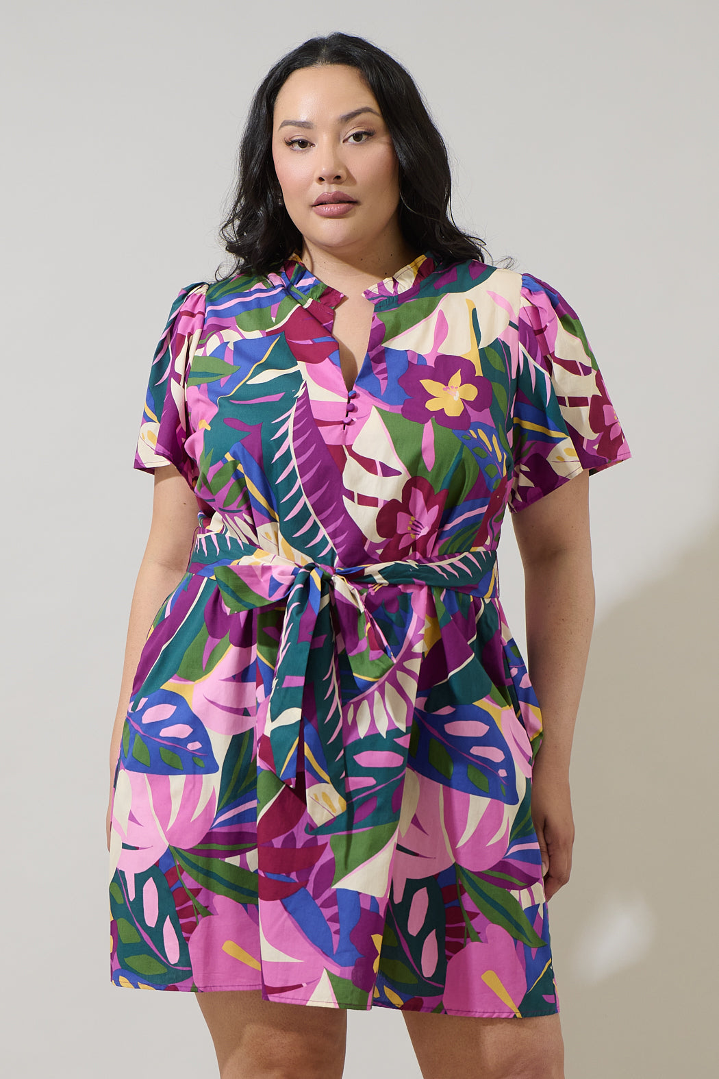 Blain Tropics Ema Shift Mini Dress Curve Purple Multi / 3X by Sugarlips Blain Tropics Ema Shift Mini Dress Curve Purple Multi / 3X by Sugarlips