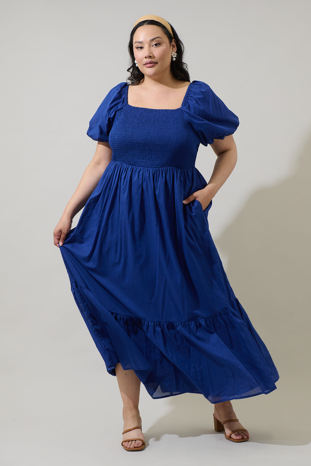 blue smocked maxi dress THE AMBER SMOCKED MAXI DRESS IN BLUE Large