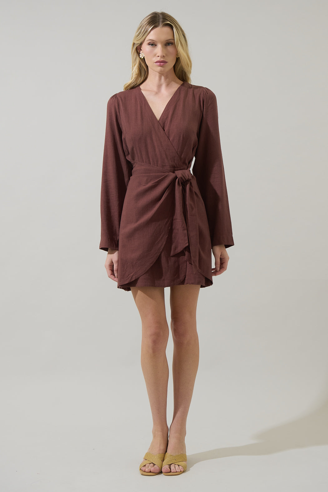 Raelynn Linen Wrap Mini Dress CHOCOLATE / L by Sugarlips Raelynn Linen Wrap Mini Dress CHOCOLATE / L by Sugarlips
