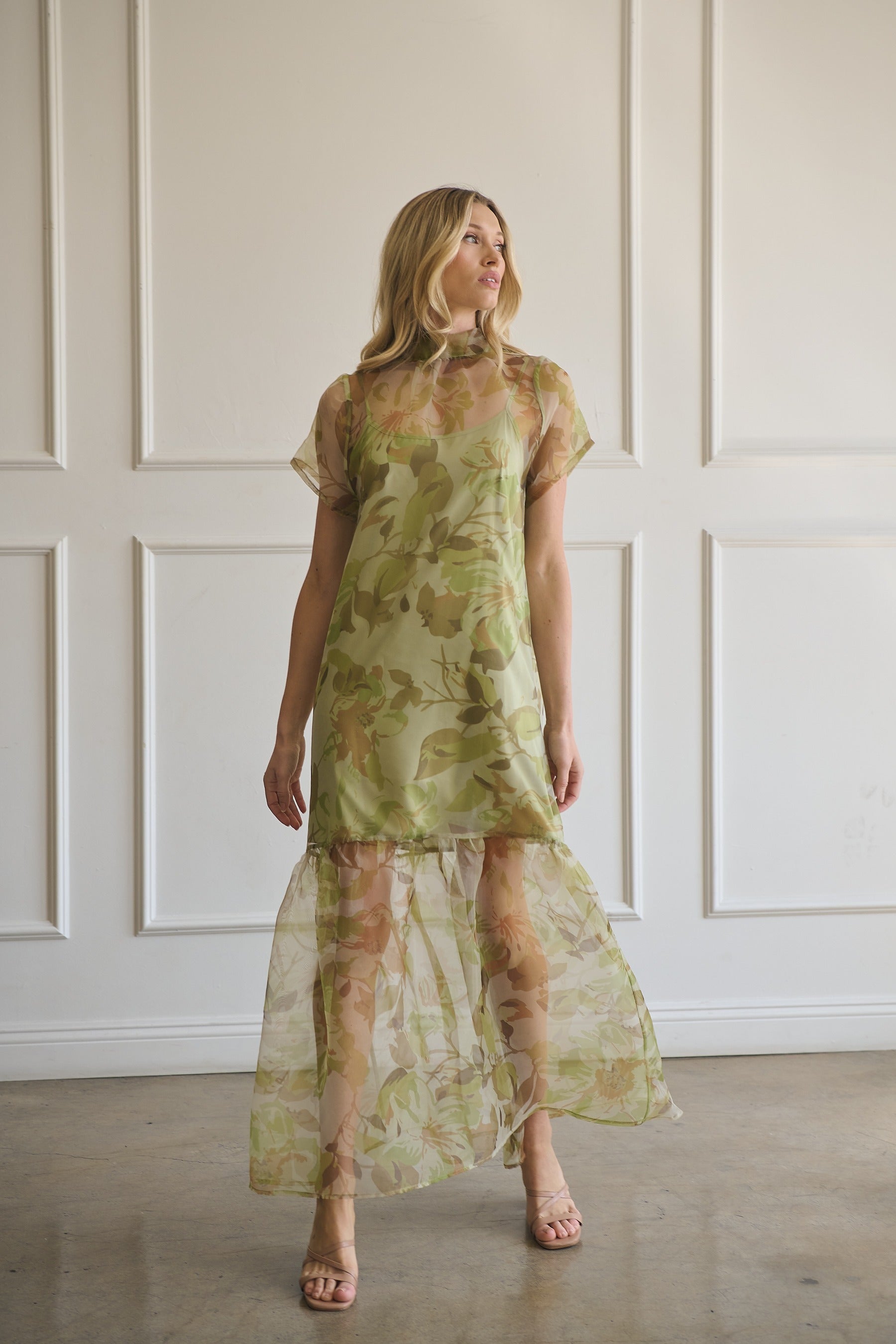 Ellery Floral Dime Organza Maxi Dress GREEN-MULTI / XS by Sugarlips Ellery Floral Dime Organza Maxi Dress GREEN-MULTI / XS by Sugarlips