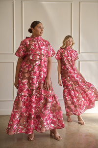 Mersin Floral Dime Organza Mockneck Maxi Dress Curve