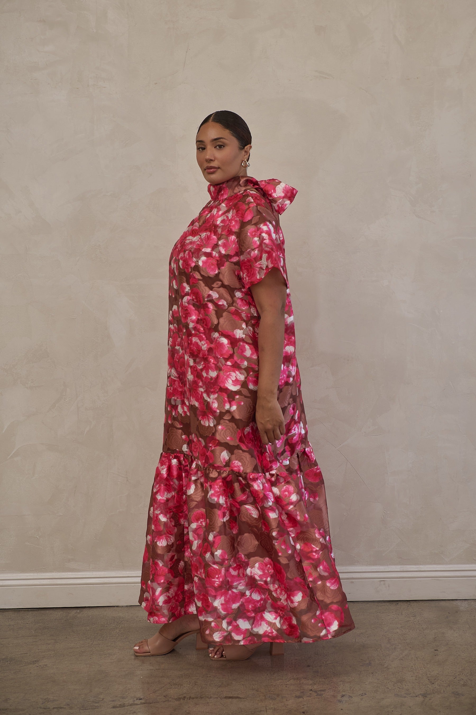 dime sheer organza mock neck short sleeve maxi dress Sugarlips Ellery Floral Print Dime Mock Neck Short Sleeve Maxi Dress at Hamilton Place in Chattanooga, TN