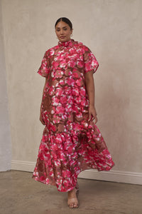 Mersin Floral Dime Organza Mockneck Maxi Dress Curve