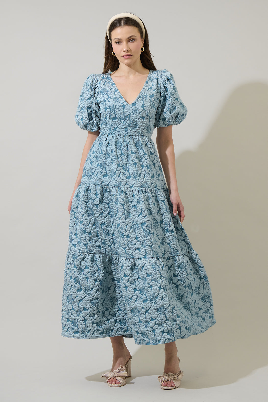 Arielle Jacquard Maxi Tiered Dress DUSTY-BLUE / S by Sugarlips Arielle Jacquard Maxi Tiered Dress DUSTY-BLUE / S by Sugarlips