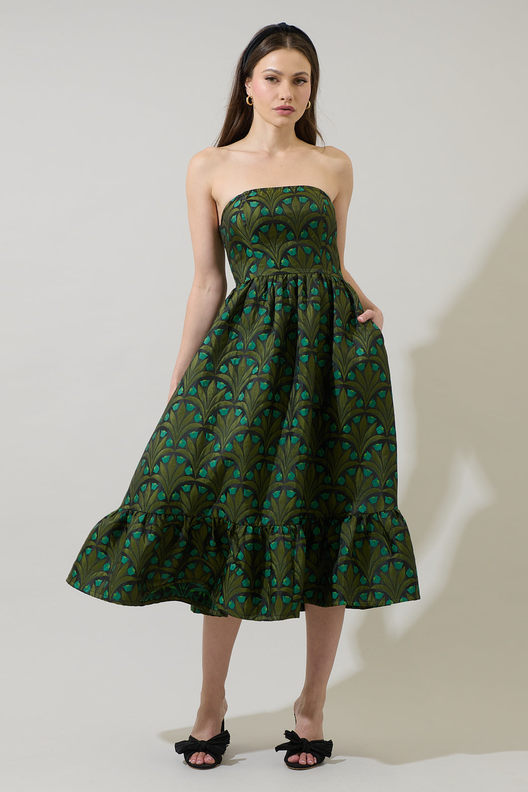 floral jacquard strapless midi dress The Genevieve Sky Blue Floral Jacquard Midi Dress - All Dresses