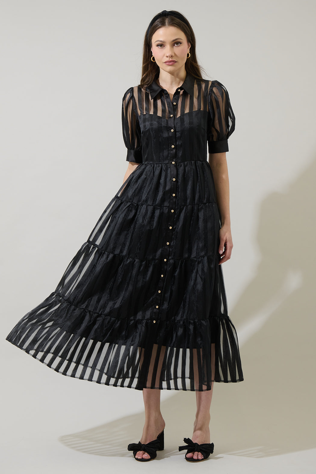 Kadi Striped Organza Midi Dress Black / M