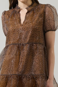 Brass Leopard Organza Tiered Mini Dress