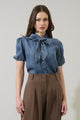Georgina Chambray Button Front Bow Top