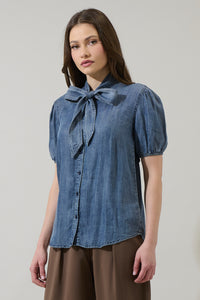 Georgina Chambray Button Front Bow Top