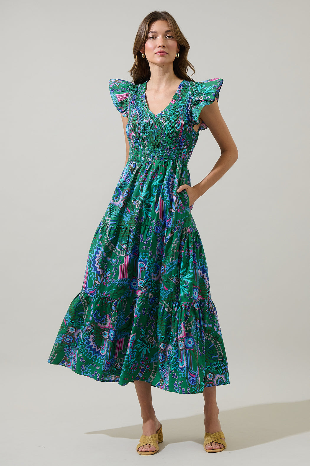 Vesper Geo Sunfire Tiered Midi Dress KELLY-BLUE-MUL / M by Sugarlips Vesper Geo Sunfire Tiered Midi Dress KELLY-BLUE-MUL / M by Sugarlips