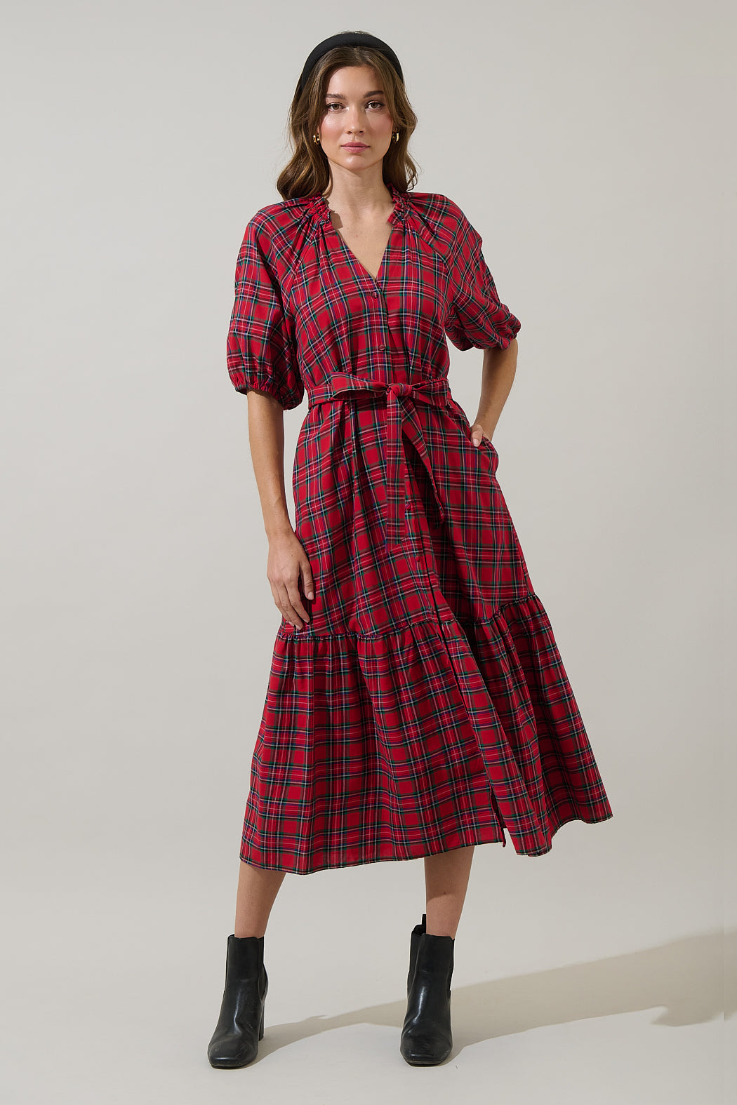 red plaid wrap dress Wine Red Plaid Dress - Faux Wrap Pinafore Dress - Mini Dress