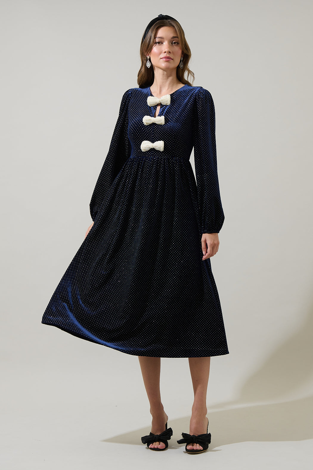 Nelly Dot Velvet Glow Bow Midi Dress