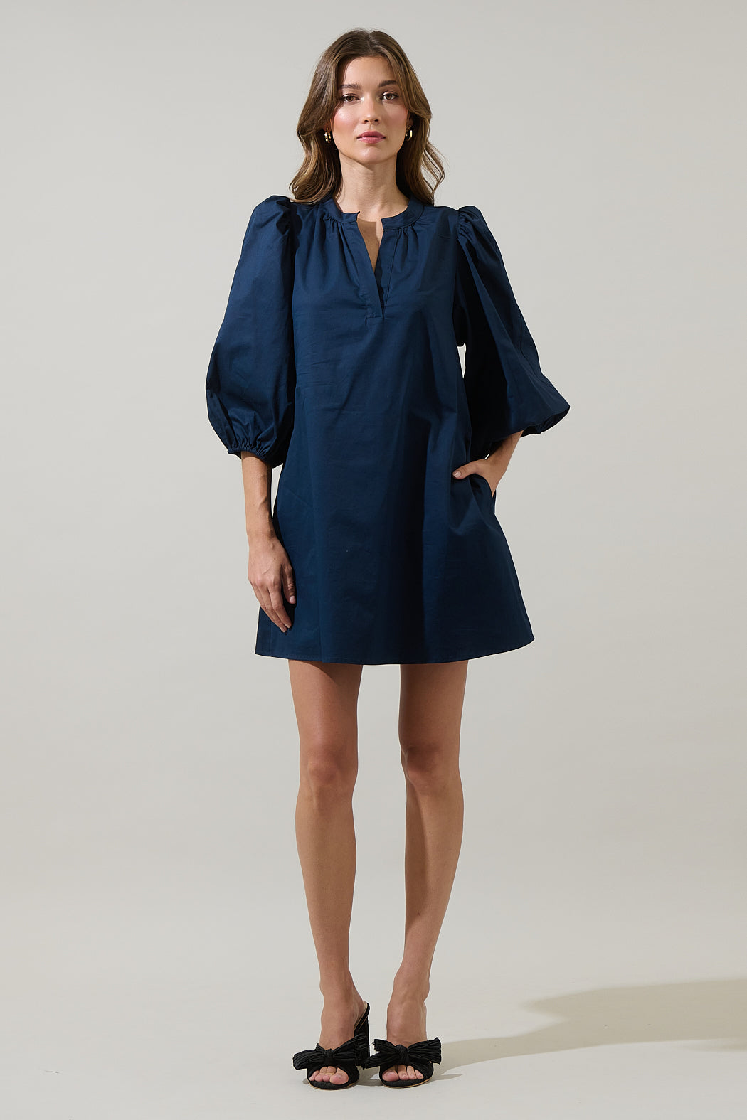 split neck mini swing dress Eawtki Women's Split Neck Short Sleeve Mini Dress Wrap Bust Empire Waist Loose Fit Casual Summer Swing Dress For Women